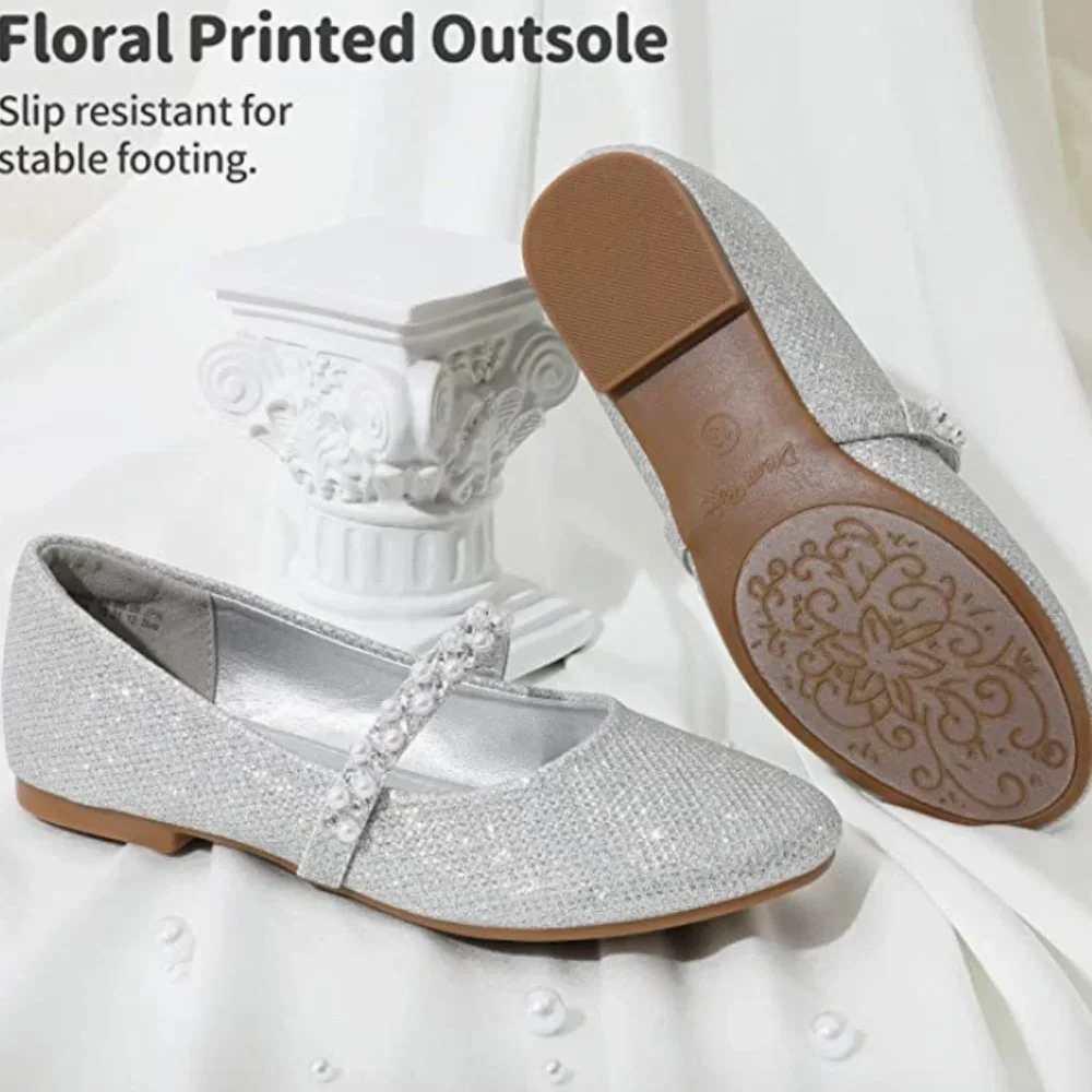 DREAM PAIRS || Girls Sparkly Silver Embellished Flat Dress shoe - Size 2 - Picture 3 of 7